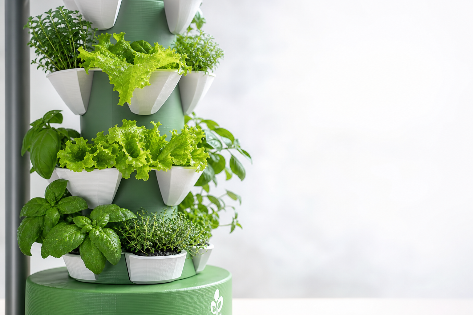 A 3D-printed vertical hydroponic tower growing fresh lettuce, basil and herbs