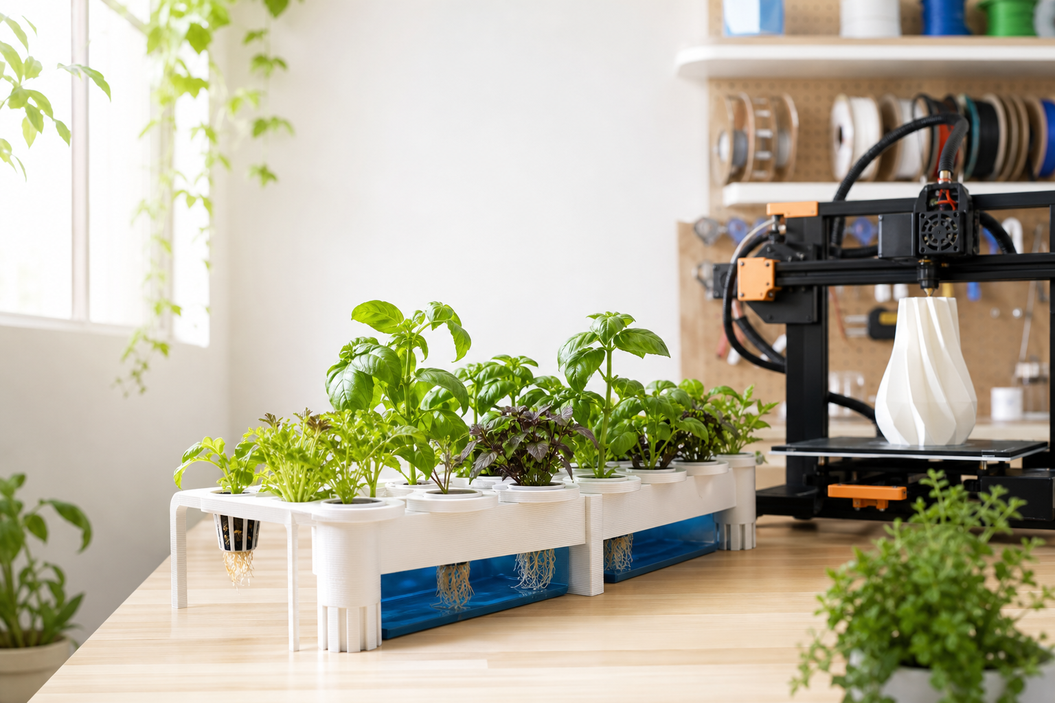 A 3D-printed hydroponic tray of fresh herbs beside a desktop 3D printer mid-print
